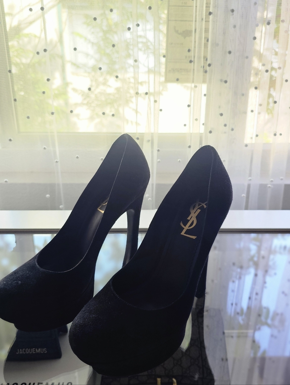 🌟AUTHENTIC Saint Laurent YSL Navy Suede Platform Heels - Size 37 - Picture 9 of 15